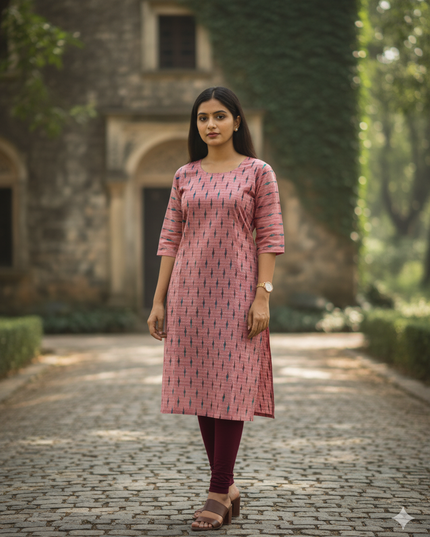 Premium Cotton Straight Cut Kurti – Pink Floral Print Design for Women