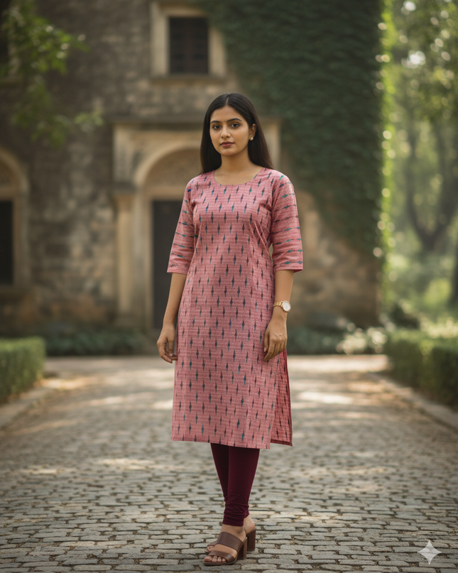 Premium Cotton Straight Cut Kurti – Pink Floral Print Design for Women