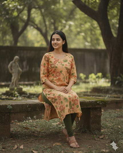 Premium Cotton Straight Cut Kurti Orange – Elegant Floral Print for Women