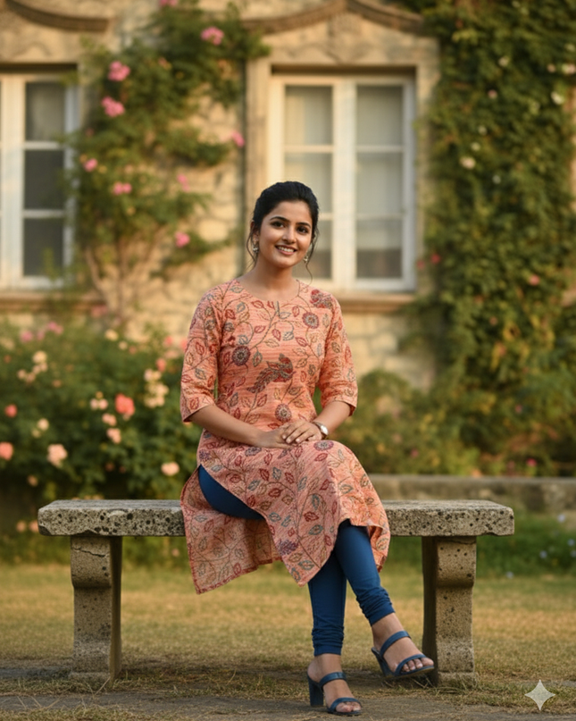 Premium Cotton Straight Cut Kurti – Clay Floral Print Design for Women