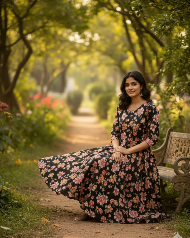 Black Floral Long Anarkali Frock – Umbrella Flair Design