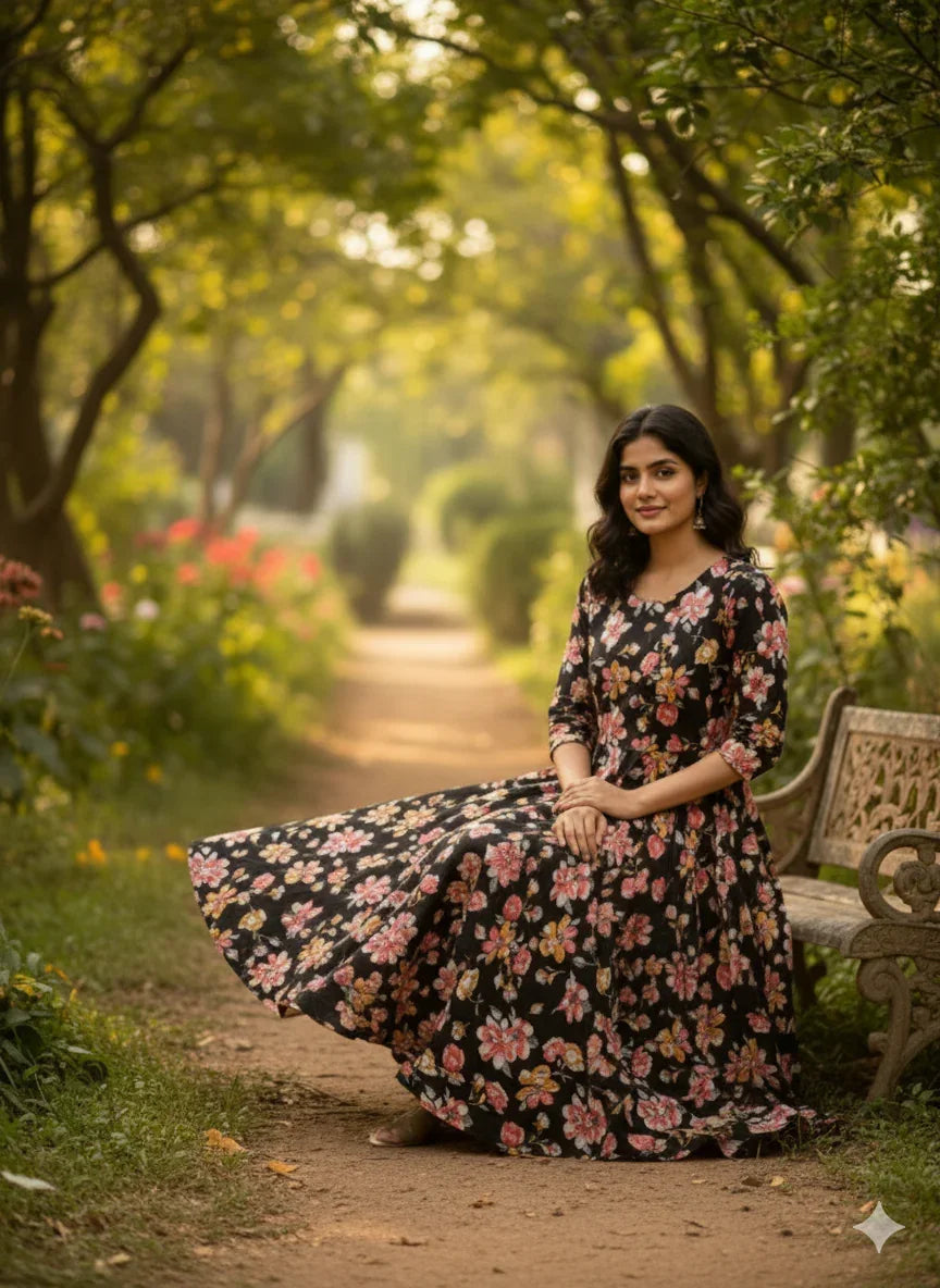 Black Floral Long Anarkali Frock – Umbrella Flair Design