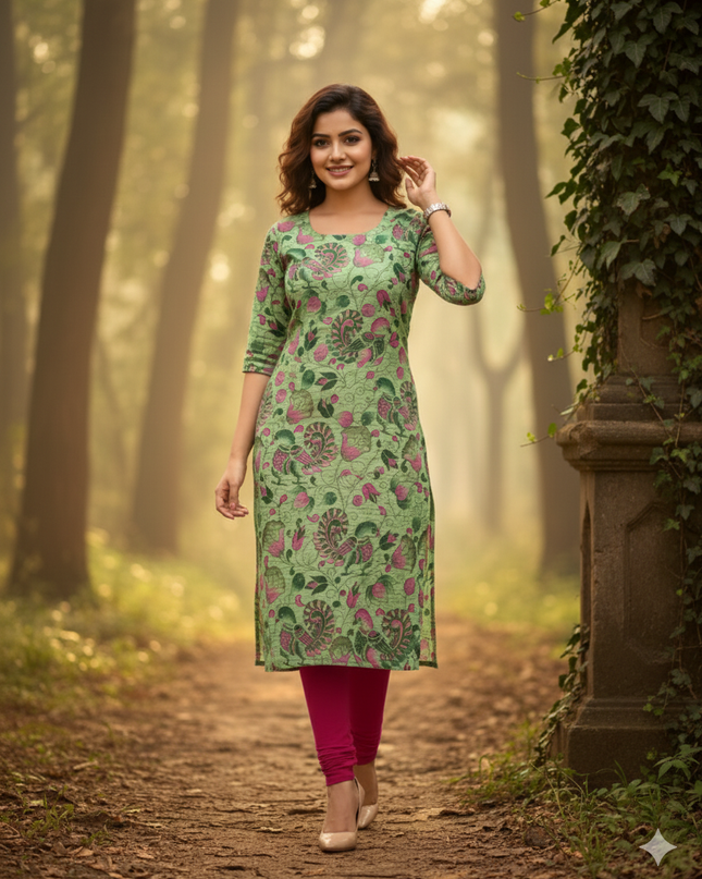 Premium Straight Cut Kurti – Green Colour with Beautiful Floral Print