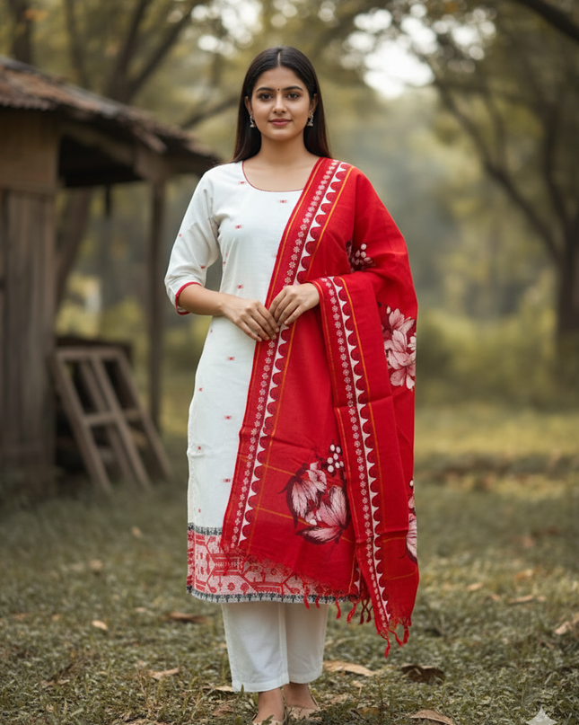 Jacquard Cotton Kurti Set Half White & Red – Straight Cut Pattern with Elbow Sleeves