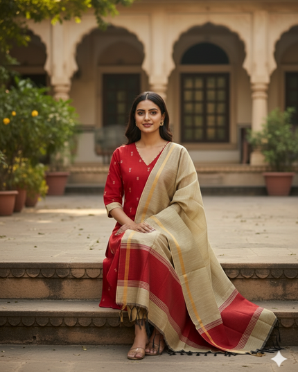 Raw Silk 3pc KurtiSet With Red Colour Full Length Lining | Gold Dupatta