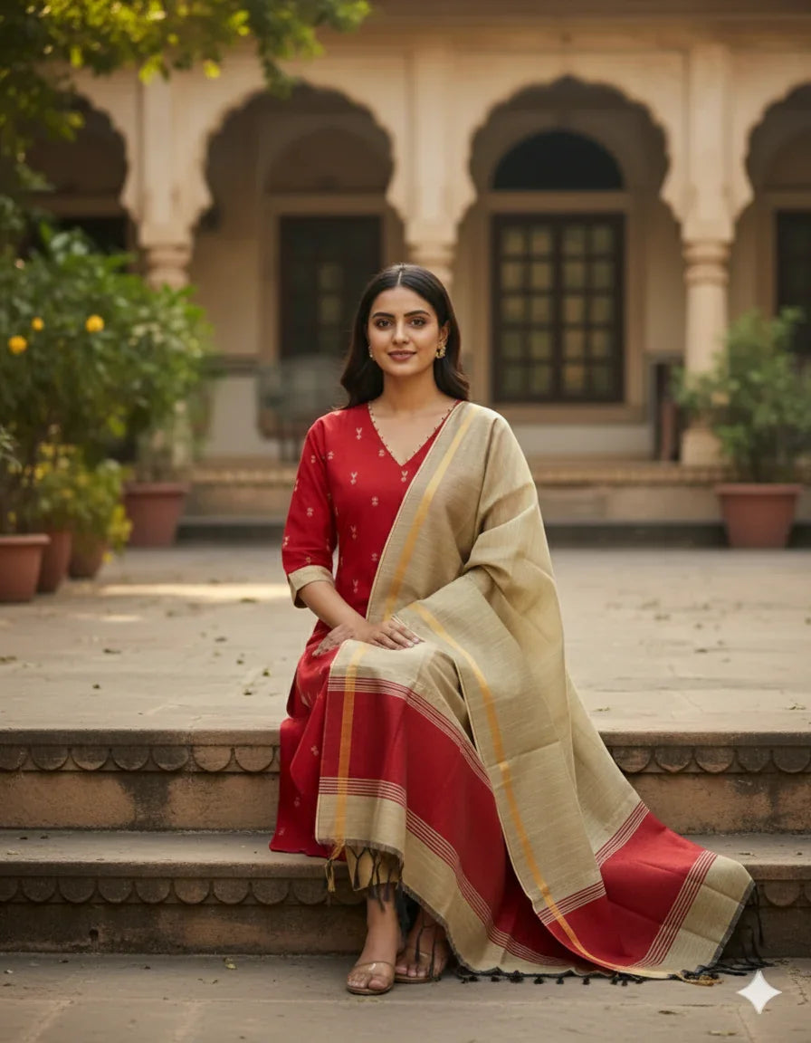 Raw Silk 3pc KurtiSet With Red Colour Full Length Lining | Gold Dupatta