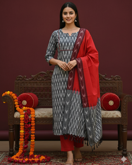 Premium Ikkat 3 Piece Stitched Set – Ready to Wear Kurta, Bottom & Dupatta –Light Gray Colour Handloom Ethnic Wear