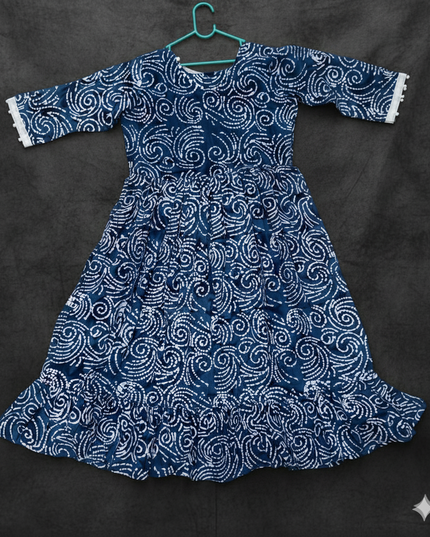 Handmade Batik Frock with Natural Dye – Potli Ball Neck Design Navy Blue Colour with Half Lining