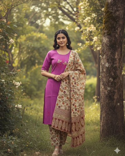 Kalamkari 3pc Set with Embroidery & Mirror Work Pink