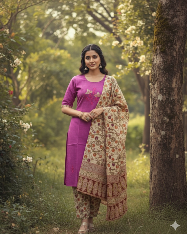 Kalamkari 3pc Set with Embroidery & Mirror Work Pink