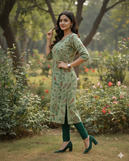 Premium Straight Cut Kurti – Pale Green Colour with Beautiful Floral Print