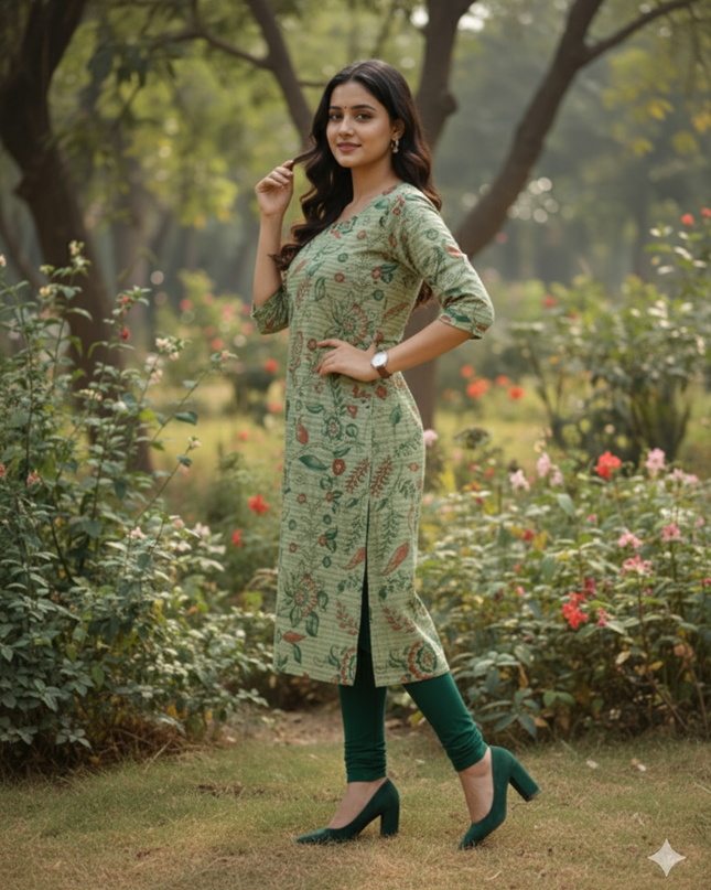 Premium Straight Cut Kurti – Pale Green Colour with Beautiful Floral Print