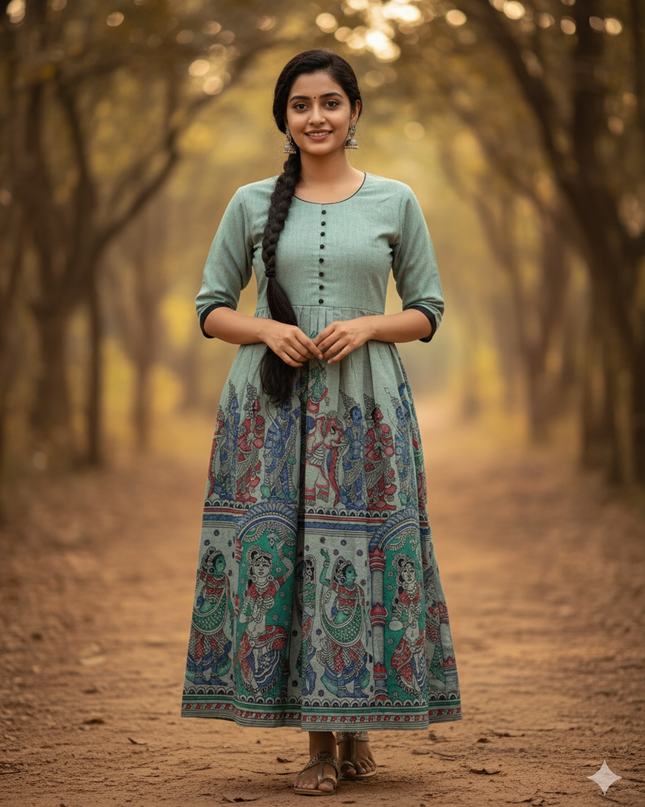 Ramayanam Cotton Frock Pastel Sage Green – Premium Ethnic Wear for Women & Girls