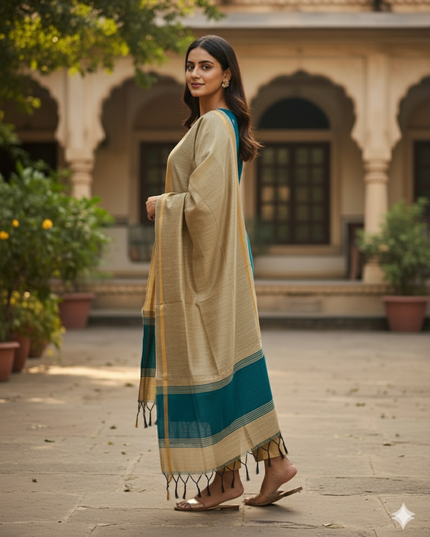 Raw Silk 3pc KurtiSet With Sea Blue Colour Full Length Lining | Gold Dupatta