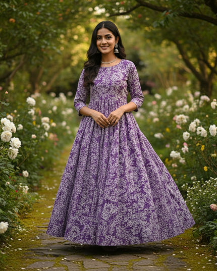 Lavender Floral Long Anarkali Frock – Umbrella Flair Design