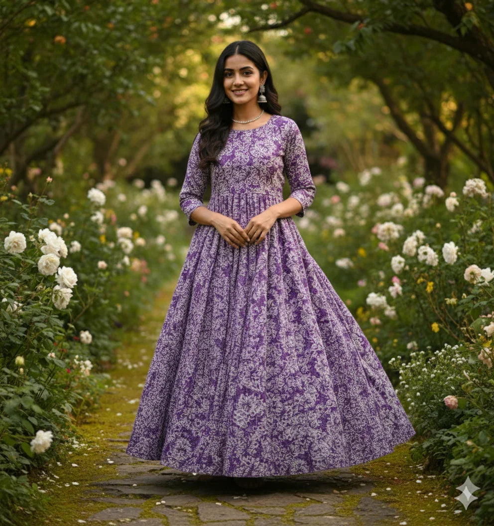 Lavender Floral Long Anarkali Frock – Umbrella Flair Design