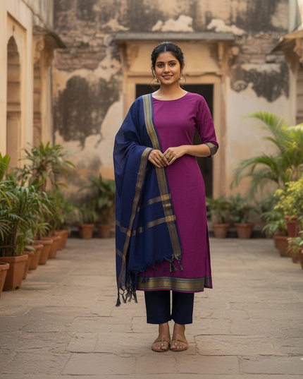 Mangalagiri Dress Material with thread border Purple colour