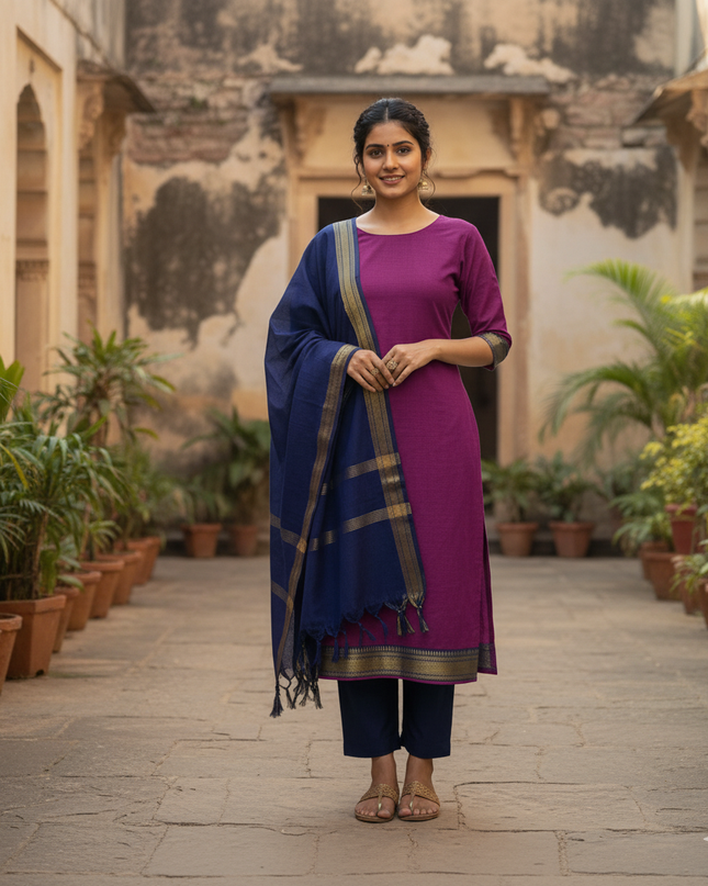 Mangalagiri Dress Material with thread border Purple colour