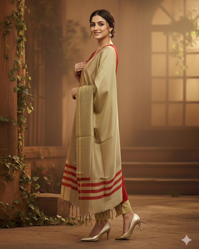 Raw Silk 3pc KurtiSet With Red Colour Full Length Lining | Gold Dupatta