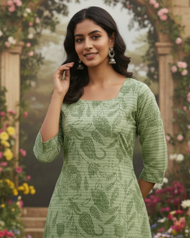 Premium Straight Cut Kurti – Green Colour with Beautiful Floral Print