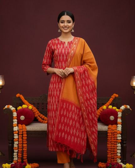 Premium Ikkat 3 Piece Stitched Set – Ready to Wear Kurta, Bottom & Dupatta – Red Colour Handloom Ethnic Wear