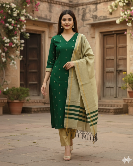 Raw Silk 3pc KurtiSet With Green Colour Full Length Lining | Gold Dupatta