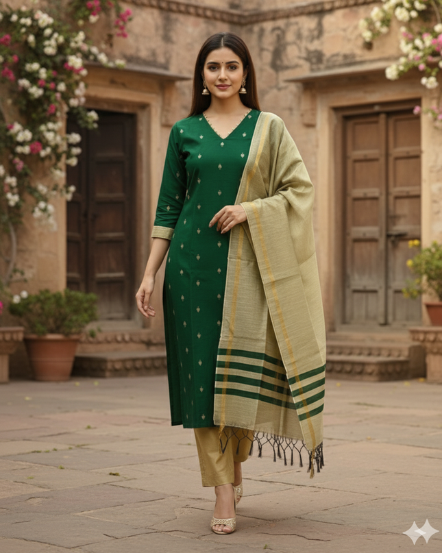 Raw Silk 3pc KurtiSet With Green Colour Full Length Lining | Gold Dupatta