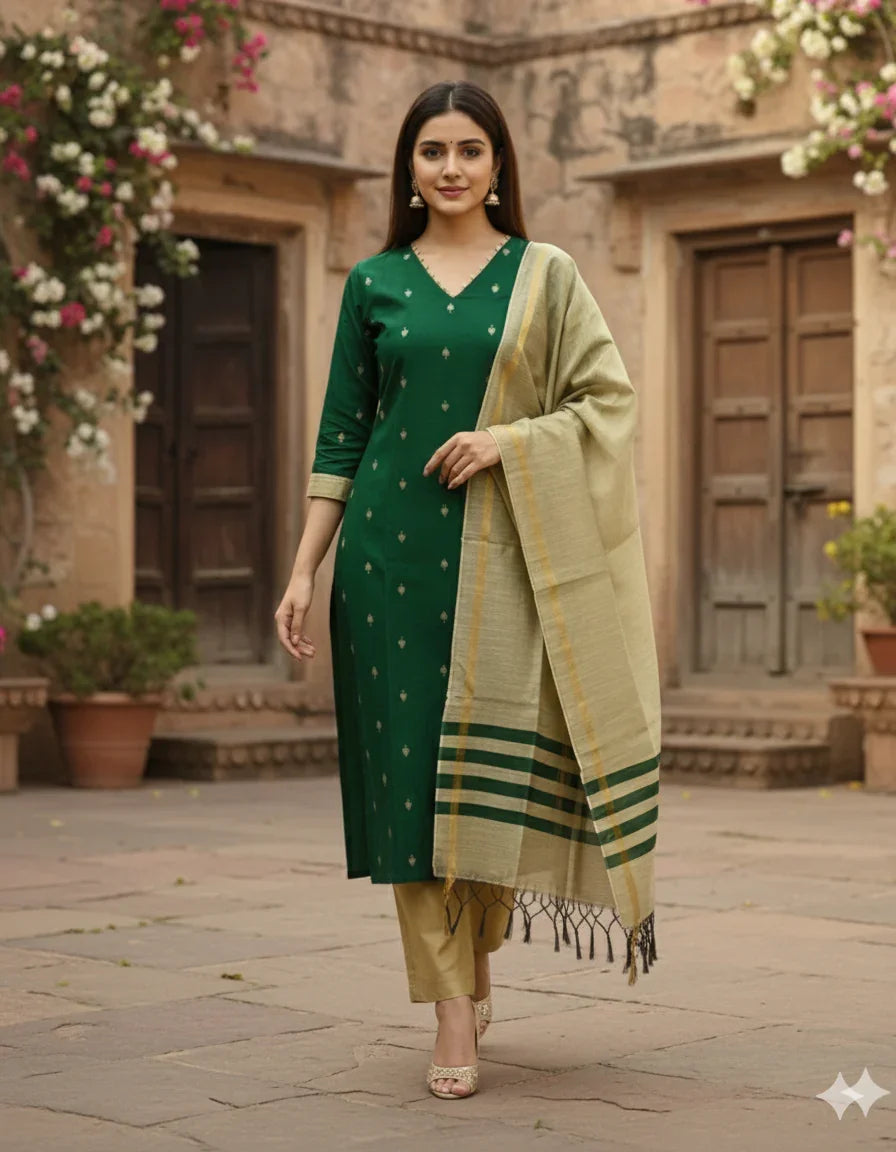 Raw Silk 3pc KurtiSet With Green Colour Full Length Lining | Gold Dupatta