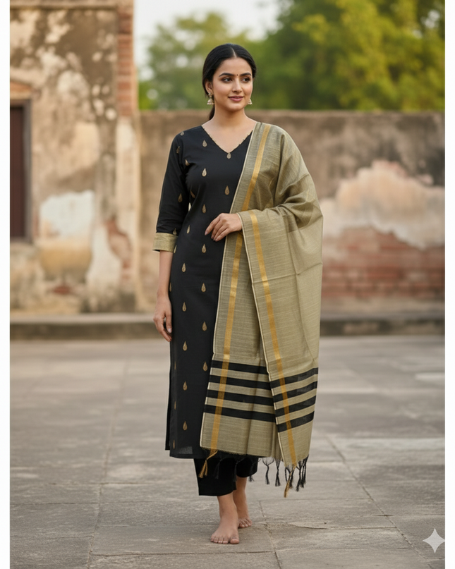 Raw Silk 3pc KurtiSet With Black Colour Full Length Lining | Gold Dupatta
