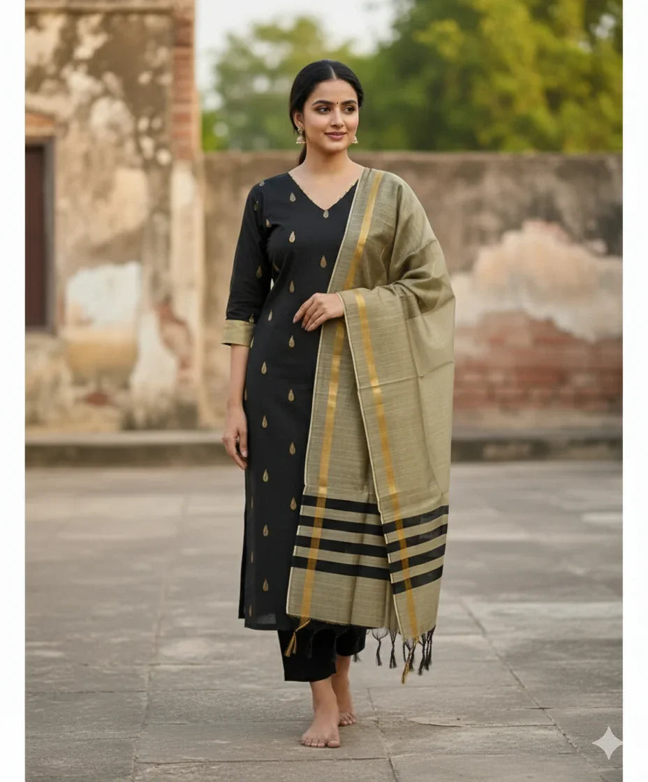 Raw Silk 3pc KurtiSet With Black Colour Full Length Lining | Gold Dupatta
