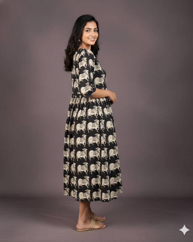 Kalamkari Pichwai Cow Design Frock – Black Colour | Handloom Ethnic Wear with Half Lining