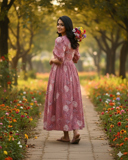 Premium Mul Cotton Frock Grey Pink – Puff Sleeve Design with Knots, Zero Shrinkage