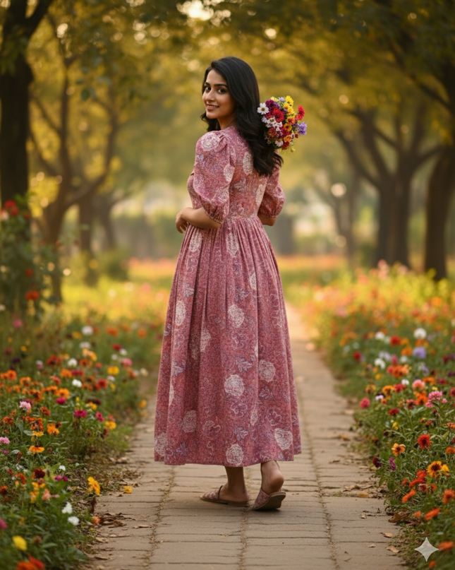 Premium Mul Cotton Frock Grey Pink – Puff Sleeve Design with Knots, Zero Shrinkage