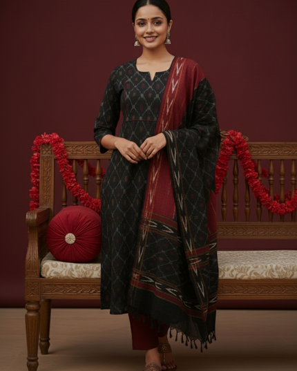 Premium Ikkat 3 Piece Stitched Set – Ready to Wear Kurta, Bottom & Dupatta – Black Colour Handloom Ethnic Wear