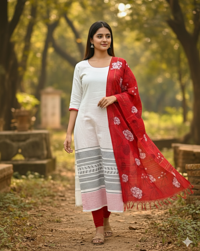 Jacquard Kurti Set Half White & Red – Elegant Straight Cut Style for Women