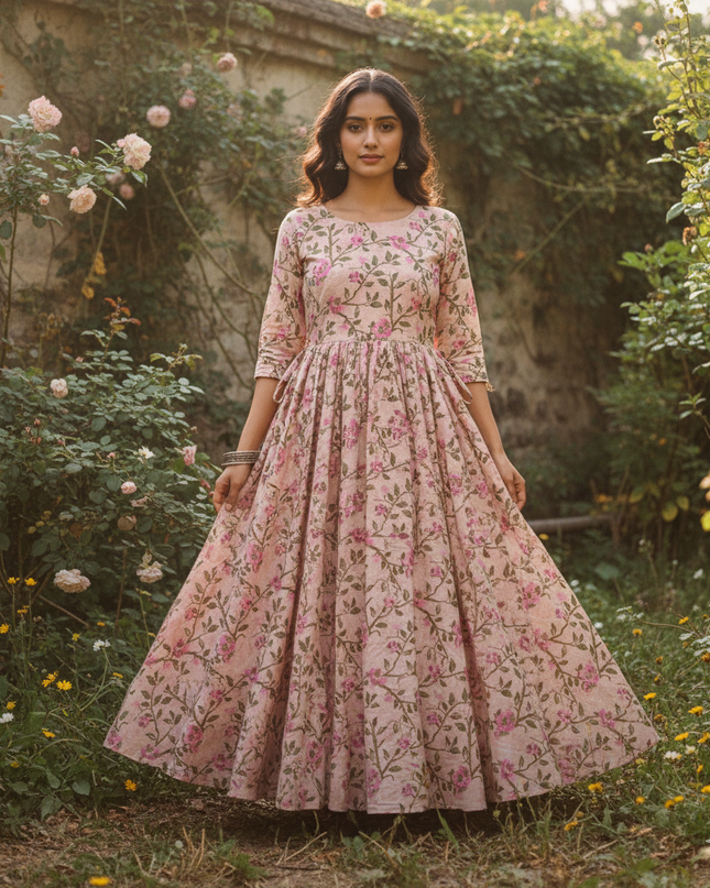 Pastal Baby Pink Floral Long Anarkali Frock – Umbrella Flair Design