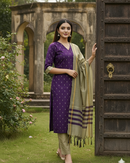 Raw Silk 3pc KurtiSet With Purple Colour Full Length Lining | Gold Dupatta