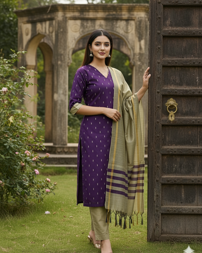 Raw Silk 3pc KurtiSet With Purple Colour Full Length Lining | Gold Dupatta