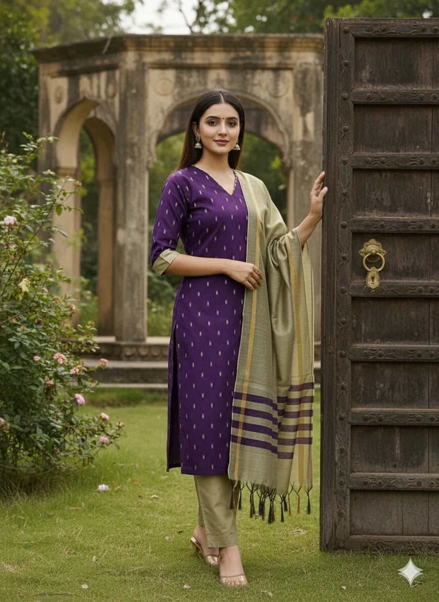 Raw Silk 3pc KurtiSet With Purple Colour Full Length Lining | Gold Dupatta