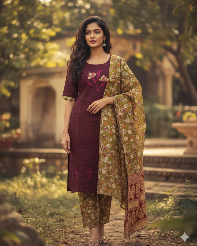 Kalamkari 3pc Set with Embroidery & Mirror Work Maroon & Black