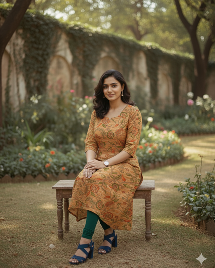 Premium Cotton Straight Cut Kurti – Fiery Orange Floral Print Design