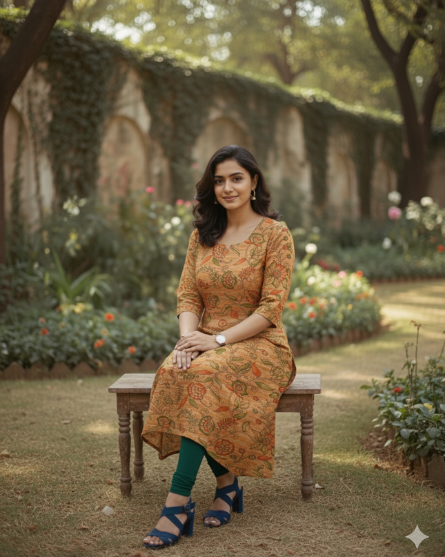 Premium Cotton Straight Cut Kurti – Fiery Orange Floral Print Design