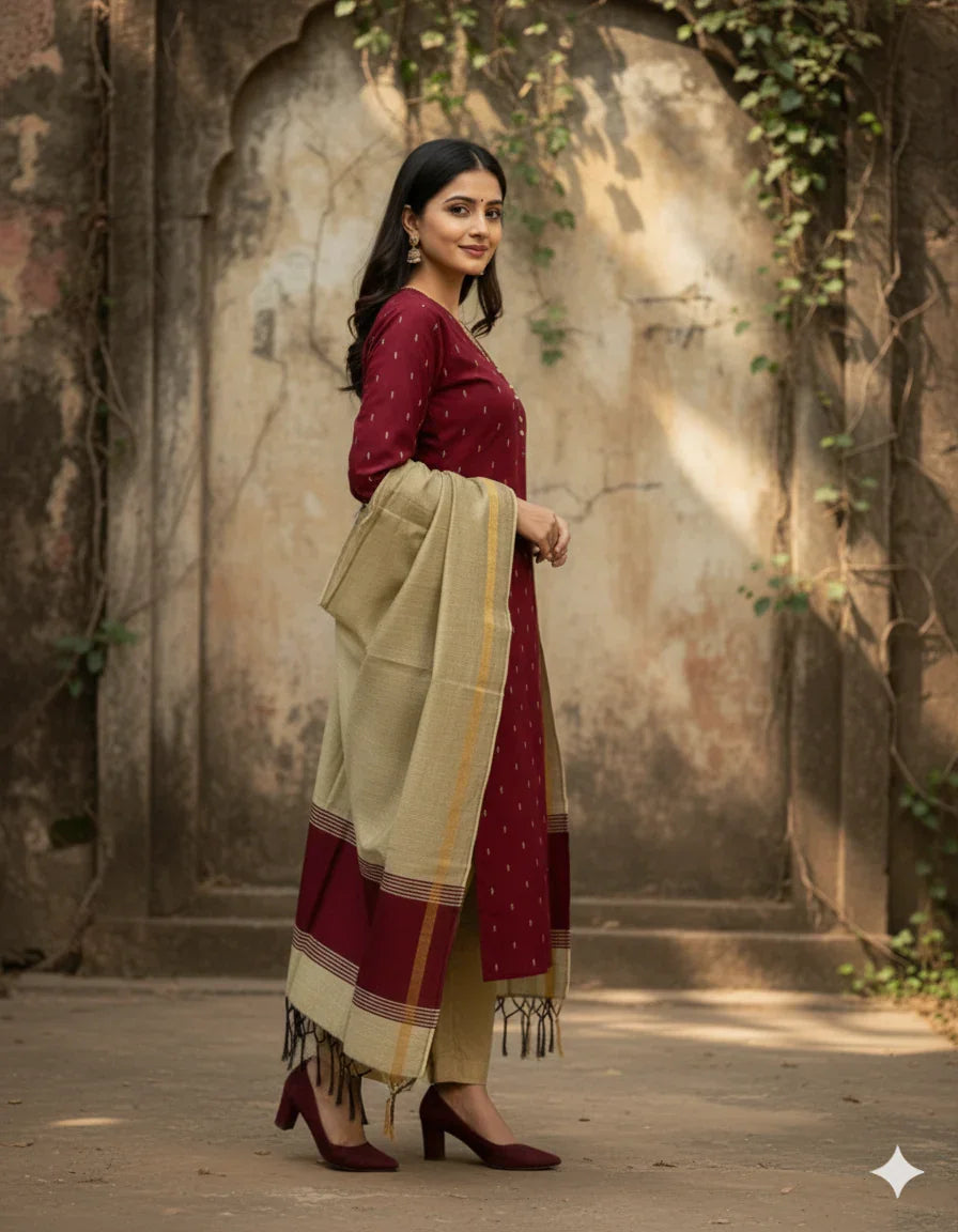 Raw Silk 3pc KurtiSet With Maroon Colour Full Length Lining | Gold Dupatta