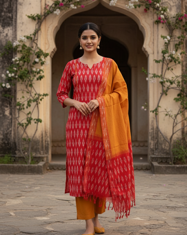 Premium Ikkat 3 Piece Stitched Set – Ready to Wear Kurta, Bottom & Dupatta – Red Colour Handloom Ethnic Wear