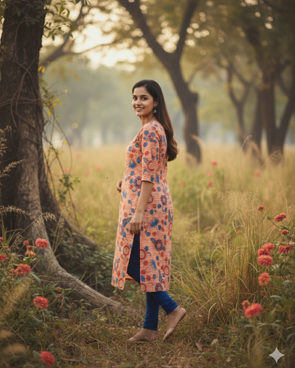 Premium Cotton Straight Cut Kurti Orange – Elegant Floral Print for Women