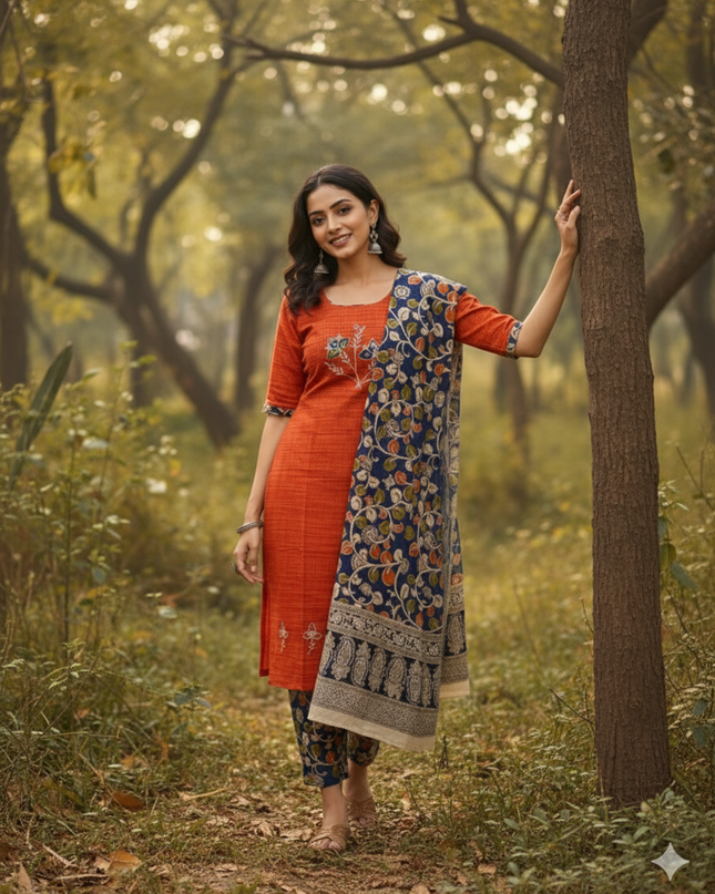 Kalamkari 3pc Set with Embroidery & Mirror Work Orange