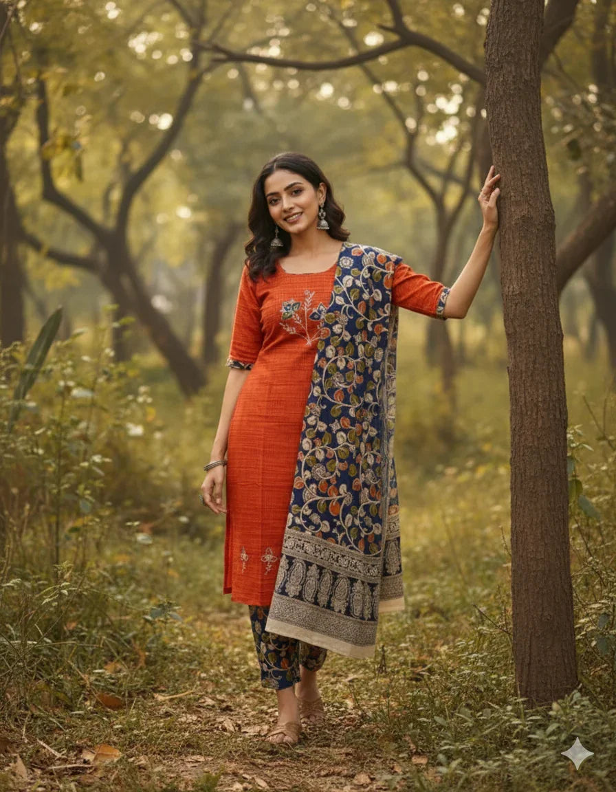 Kalamkari 3pc Set with Embroidery & Mirror Work Orange
