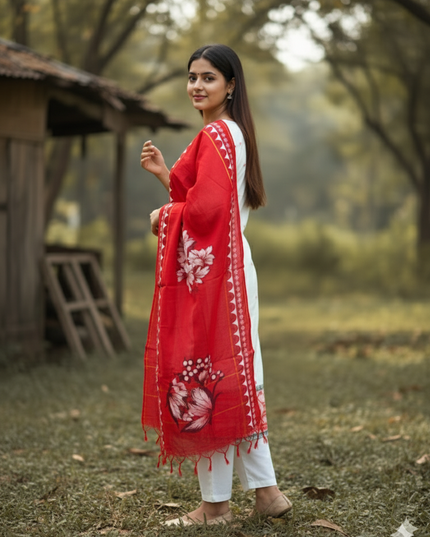 Jacquard Cotton Kurti Set Half White & Red – Straight Cut Pattern with Elbow Sleeves