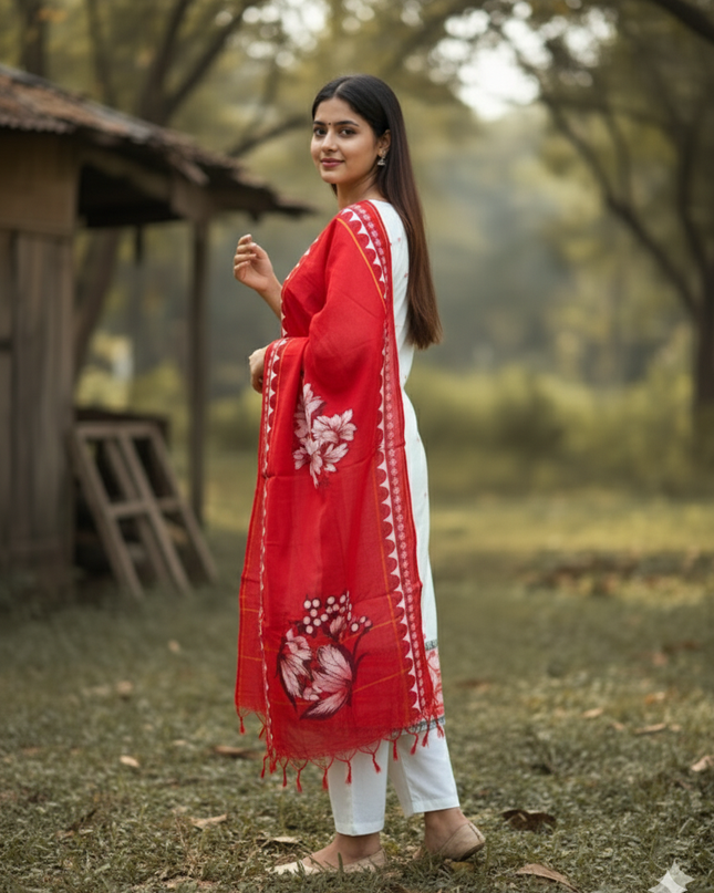 Jacquard Cotton Kurti Set Half White & Red – Straight Cut Pattern with Elbow Sleeves