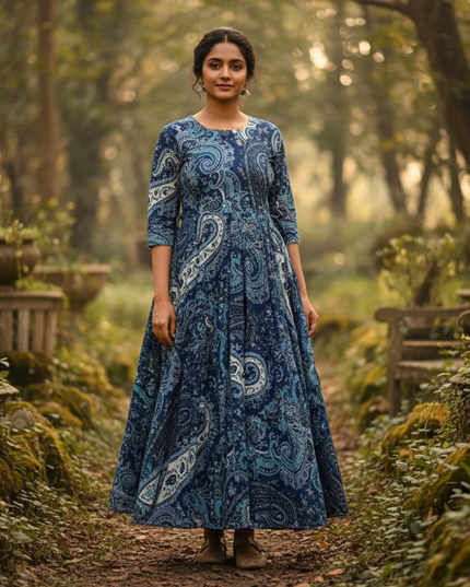 Blue Floral Long Anarkali Frock – Umbrella Flair Design
